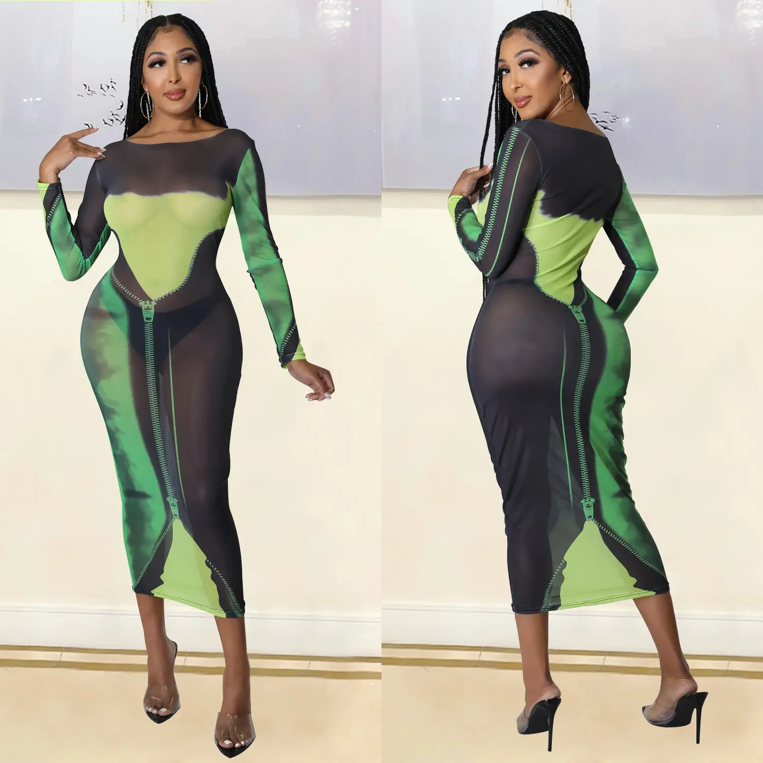 Sexy Printed Long Sleeve Women's Dress Green Black
