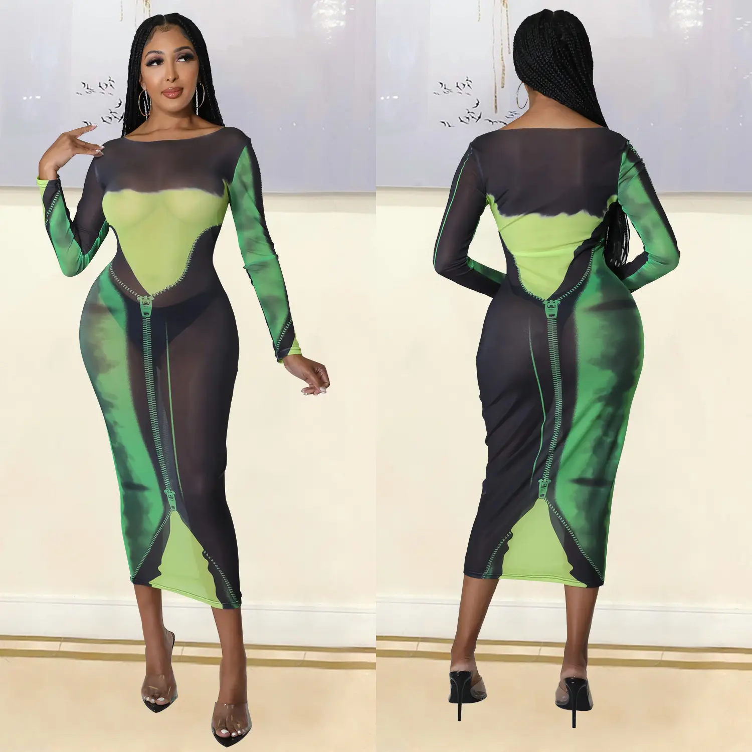 Sexy Printed Long Sleeve Women's Dress Green Black