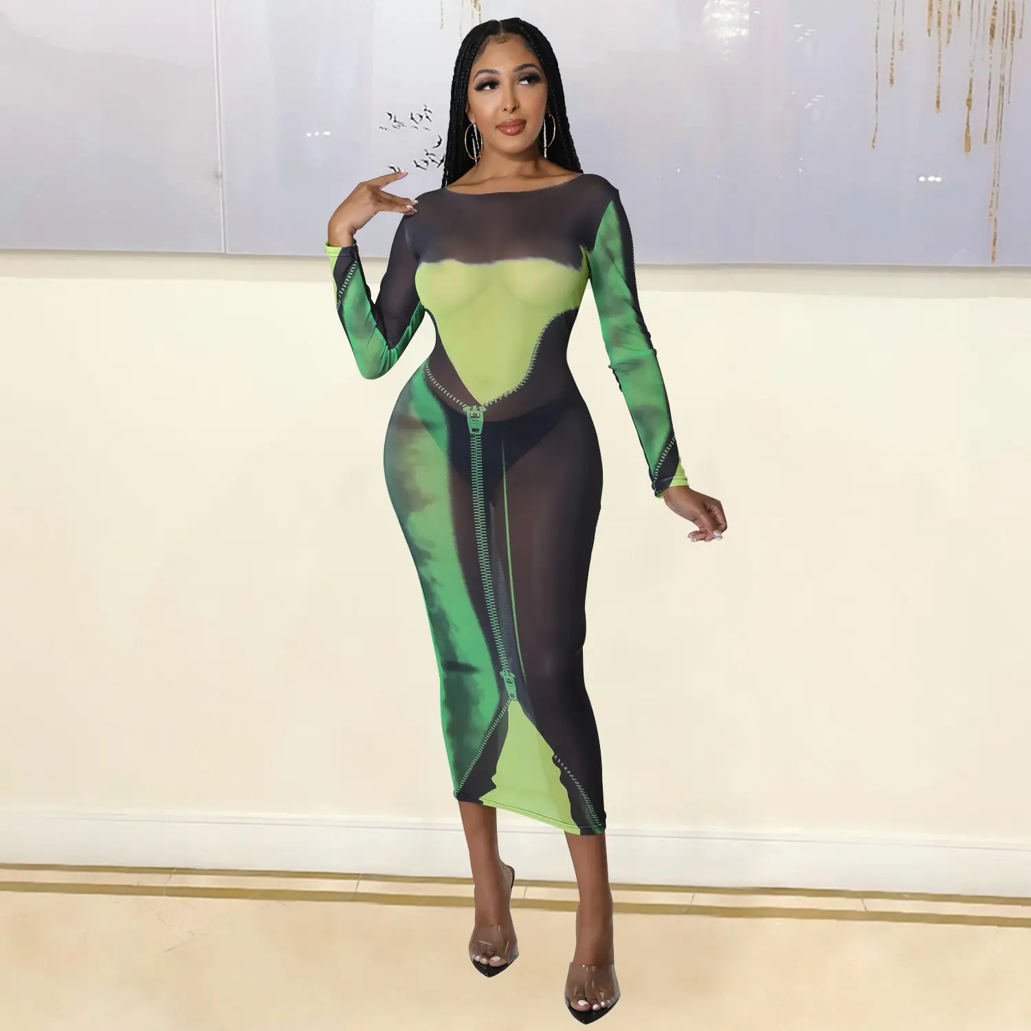 Sexy Printed Long Sleeve Women's Dress Green Black