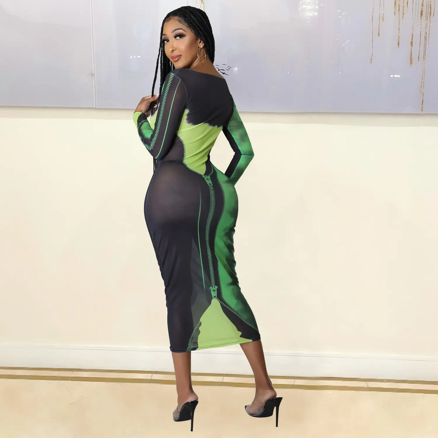 Sexy Printed Long Sleeve Women's Dress Green Black