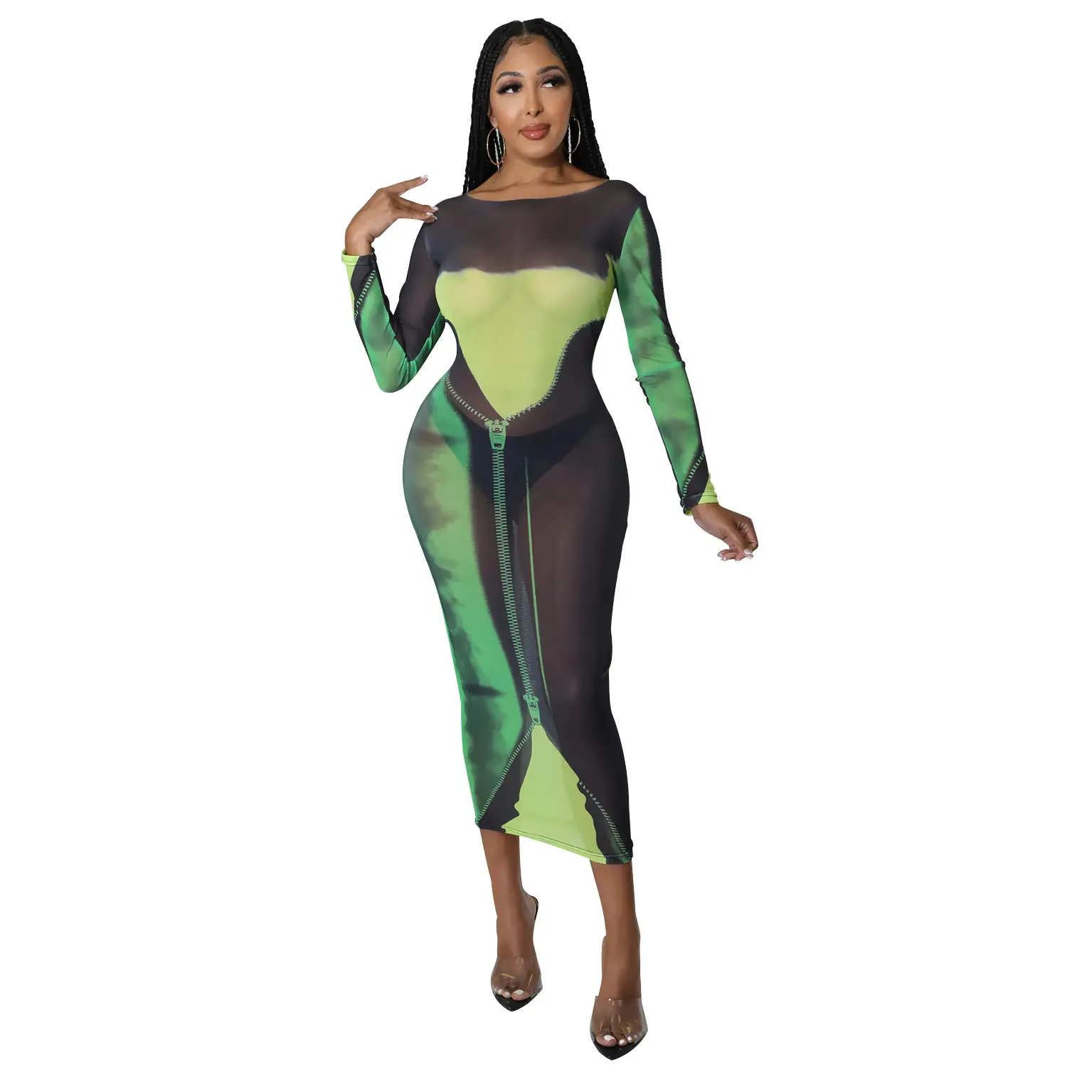 Sexy Printed Long Sleeve Women's Dress Green Black