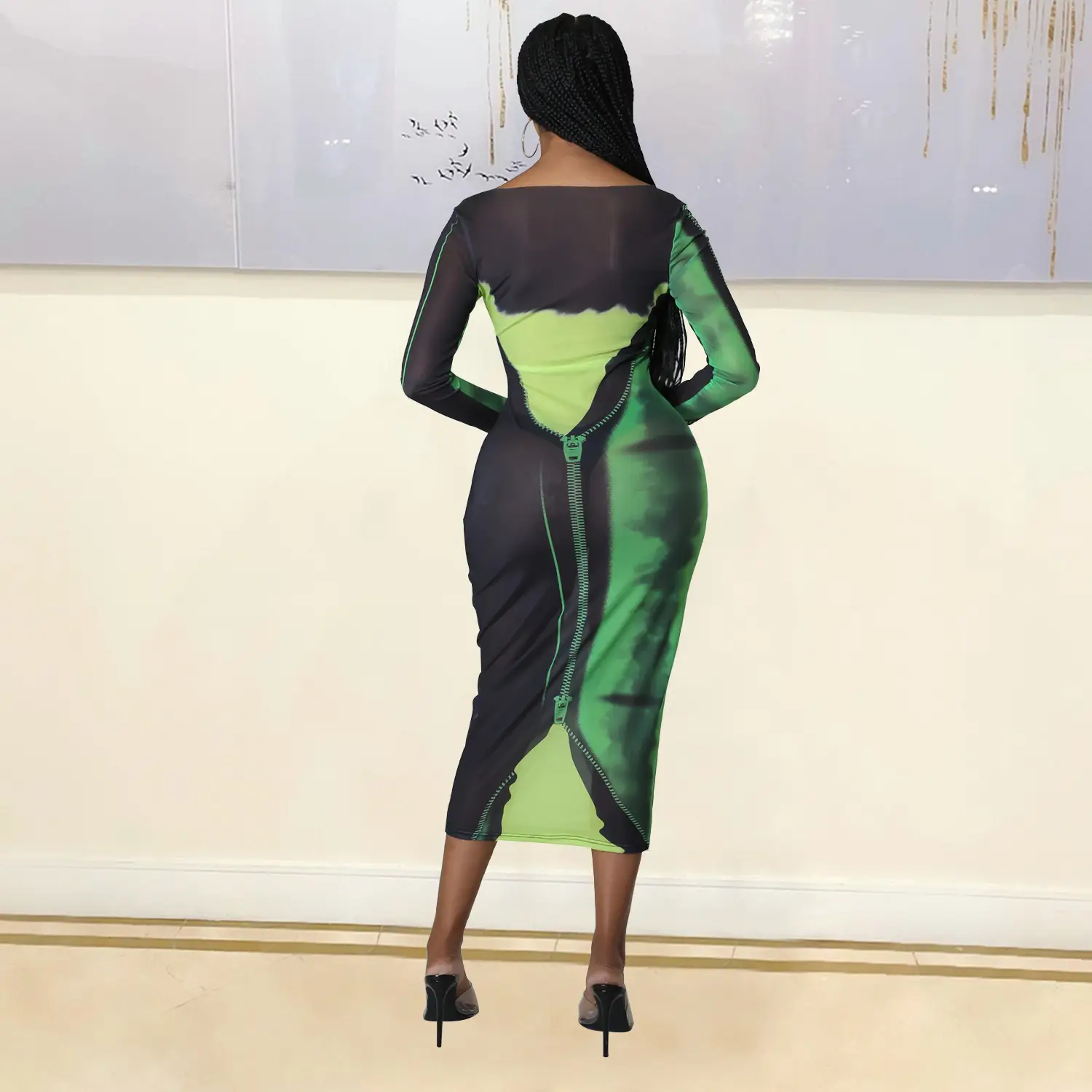 Sexy Printed Long Sleeve Women's Dress Green Black — feature 18