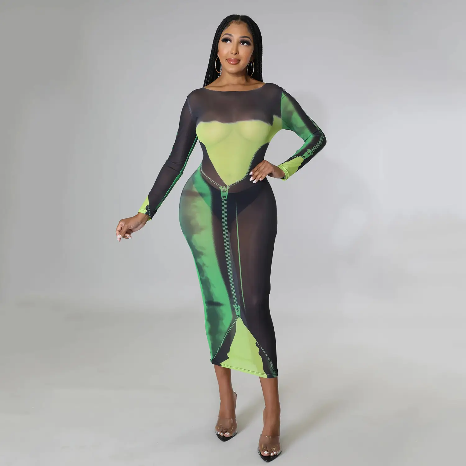 Sexy Printed Long Sleeve Women's Dress Green Black — feature 19