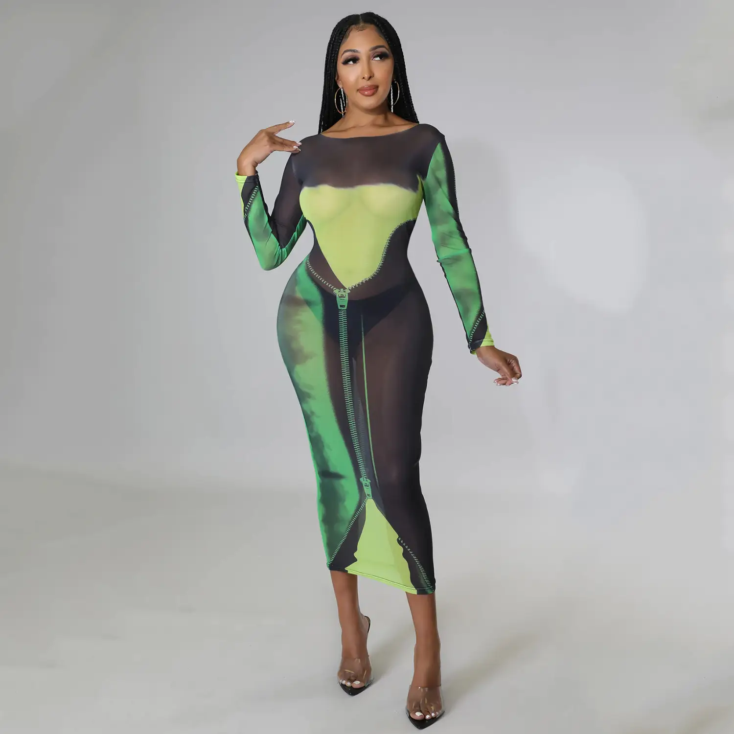 Sexy Printed Long Sleeve Women's Dress Green Black — feature 20