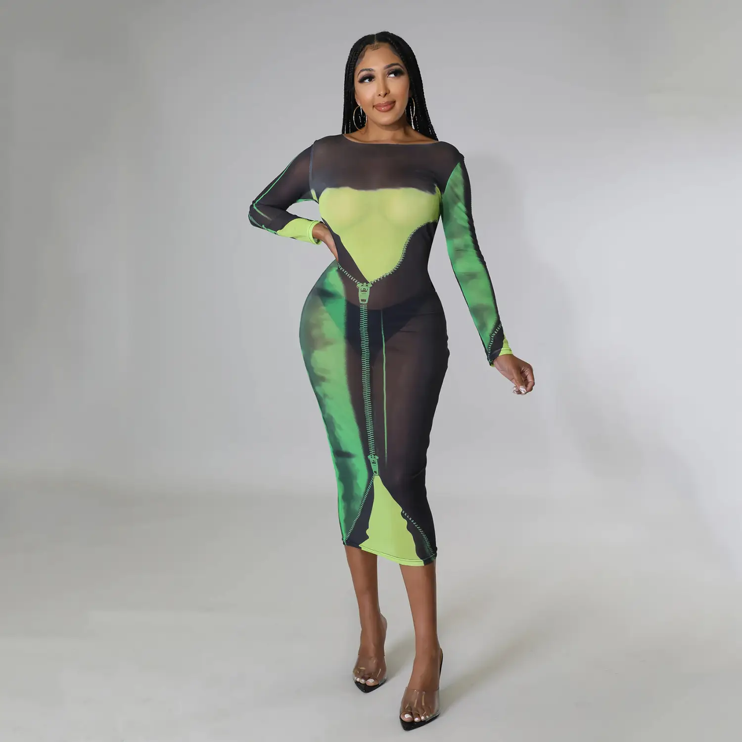 Sexy Printed Long Sleeve Women's Dress Green Black — feature 21