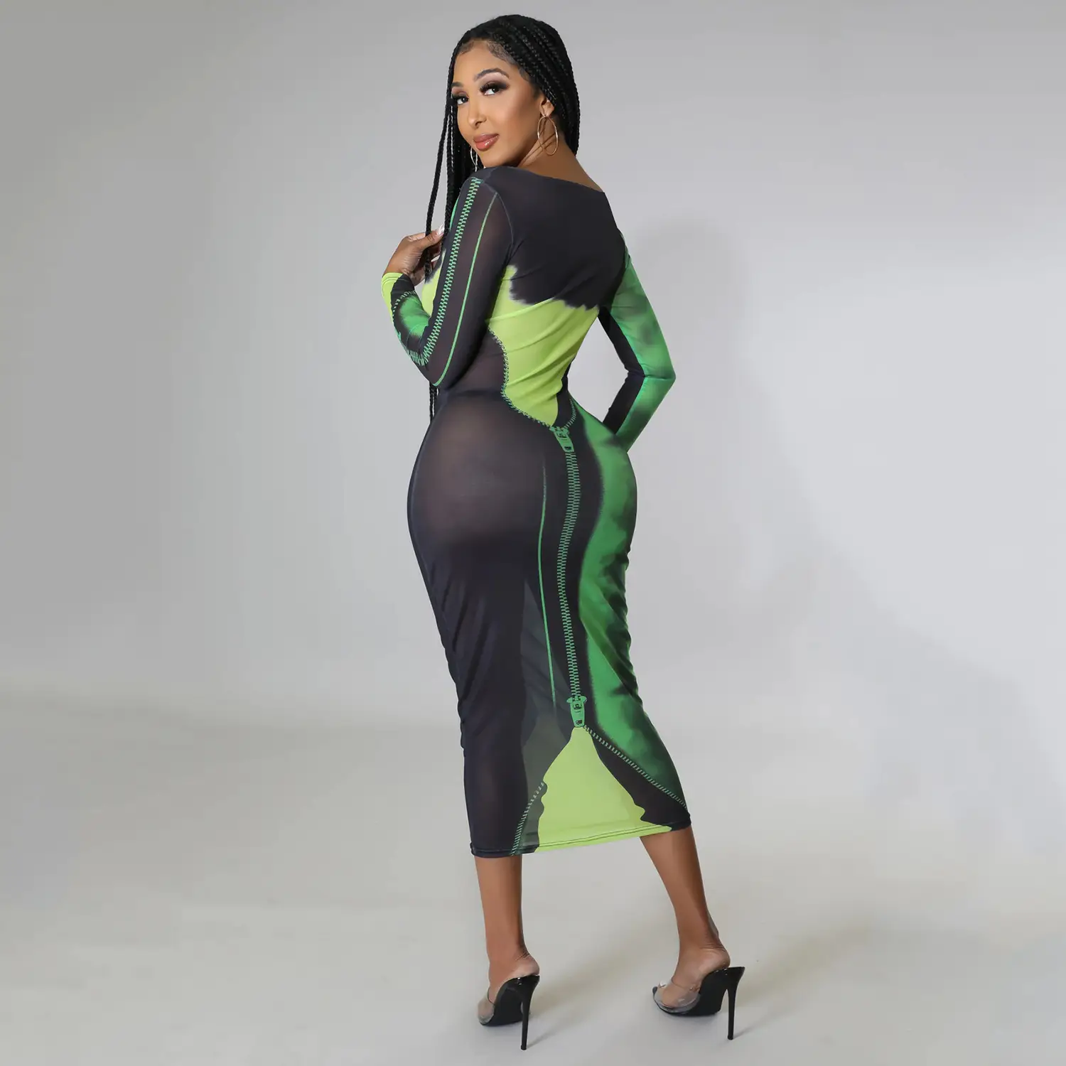 Sexy Printed Long Sleeve Women's Dress Green Black — feature 22