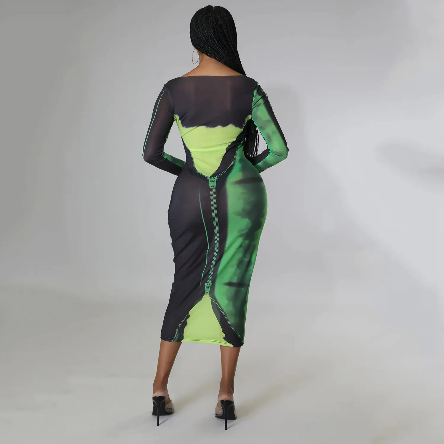 Sexy Printed Long Sleeve Women's Dress Green Black — feature 23