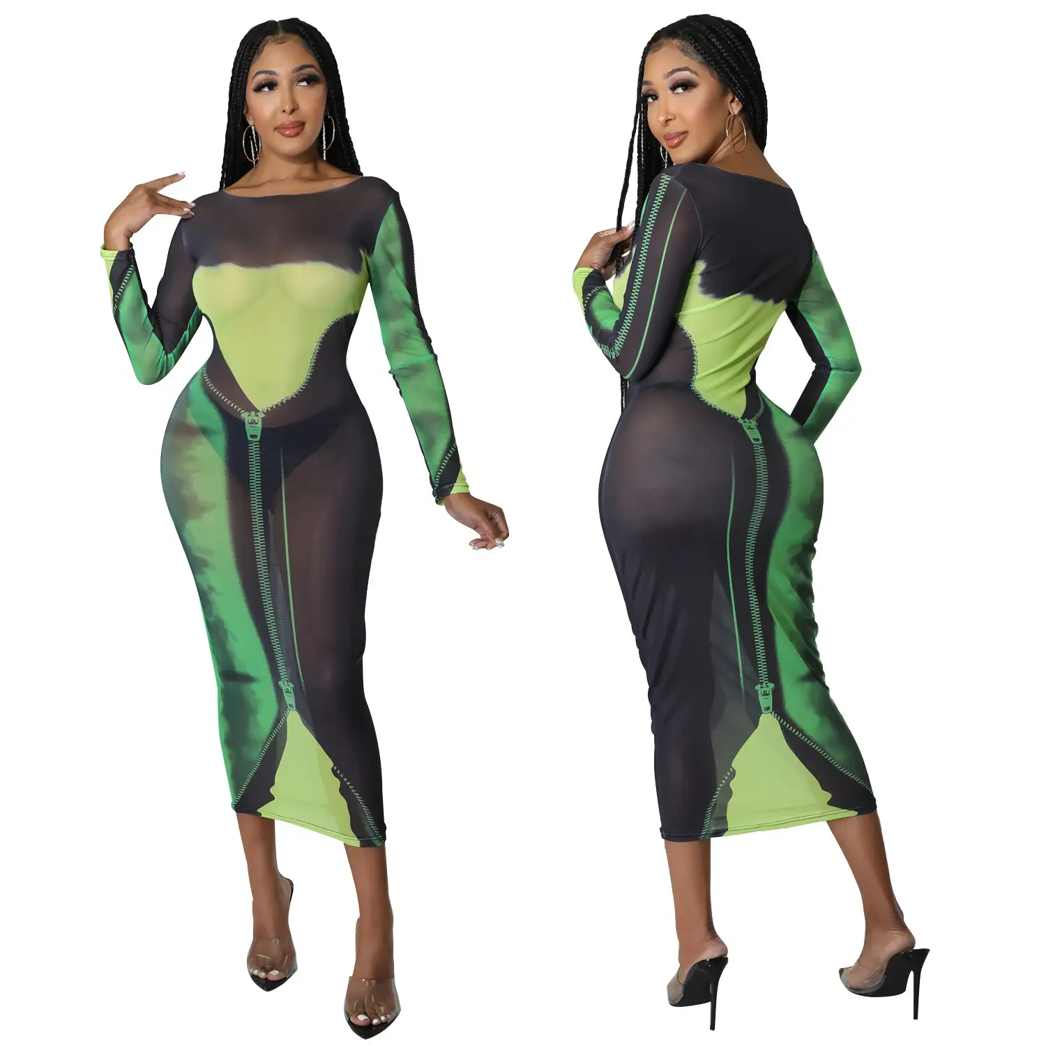 Sexy Printed Long Sleeve Women's Dress Green Black — feature 24