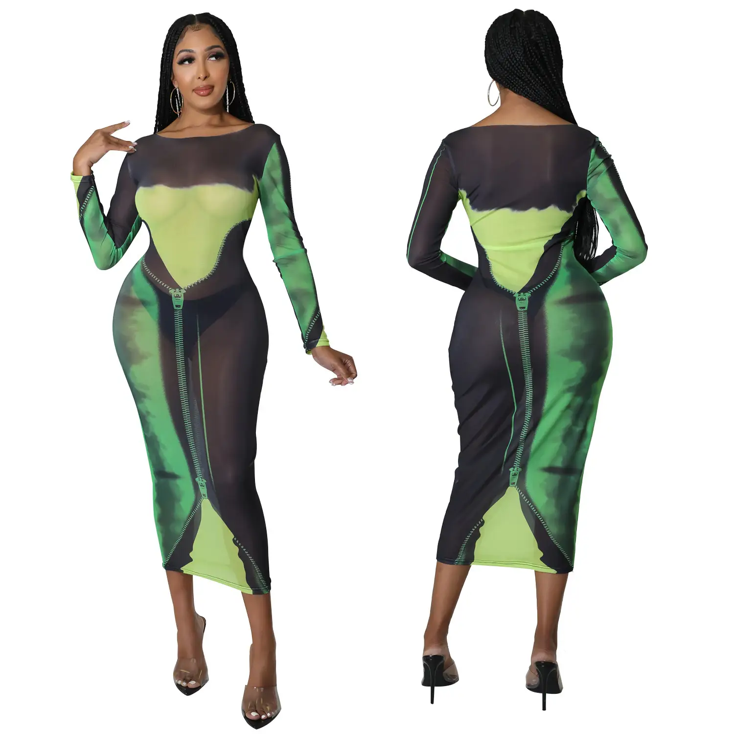 Sexy Printed Long Sleeve Women's Dress Green Black — feature 25