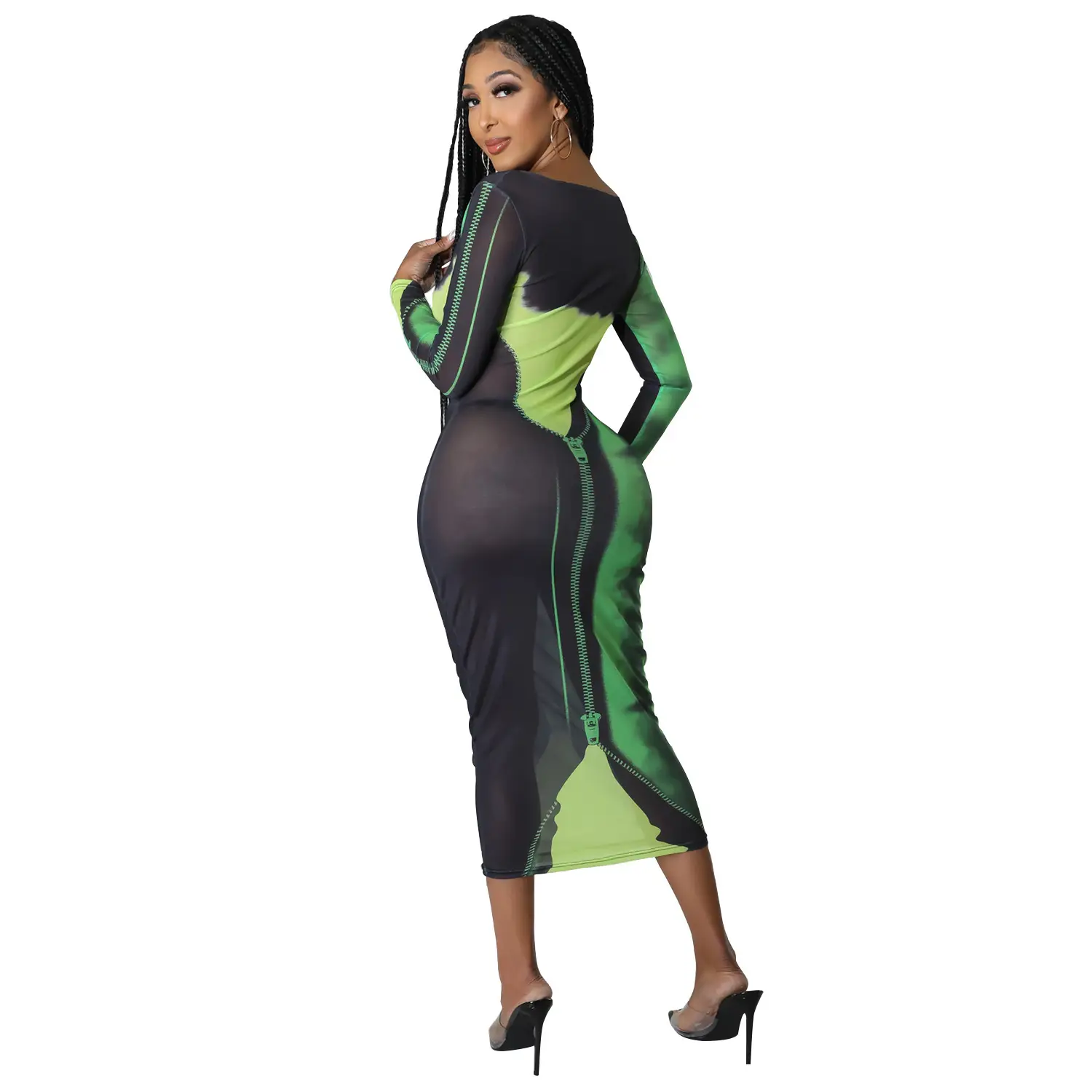 Sexy Printed Long Sleeve Women's Dress Green Black — feature 27