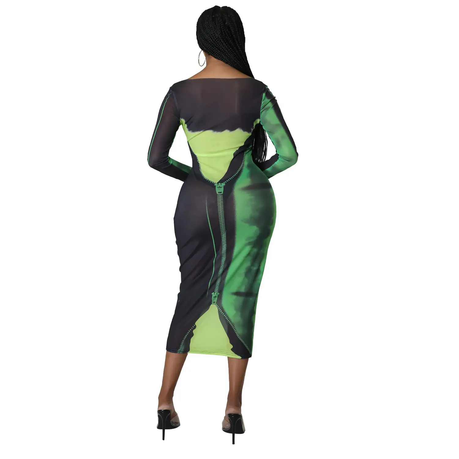 Sexy Printed Long Sleeve Women's Dress Green Black — feature 28