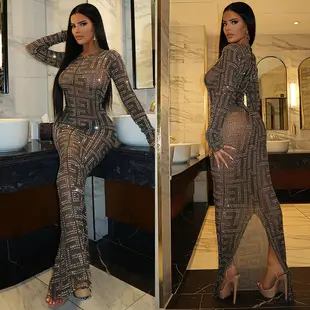 Sexy Printed Long Sleeve Women's Dress Green Black — feature 6