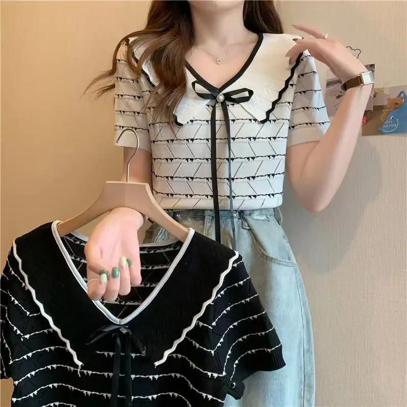 Women Bow Collar Sweater Short Sleeve Black White - Image 4