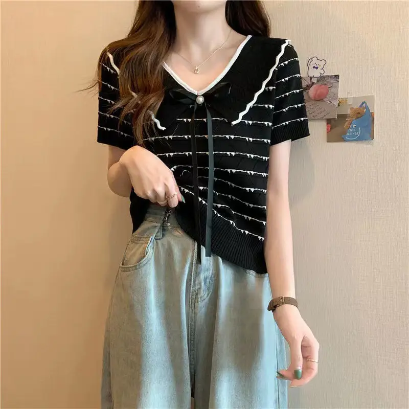 Women Bow Collar Sweater Short Sleeve Black White - Image 5