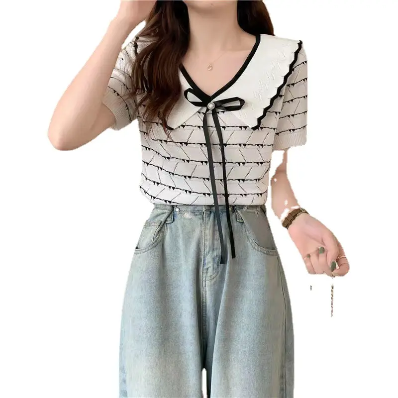 Women Bow Collar Sweater Short Sleeve Black White - Image 7