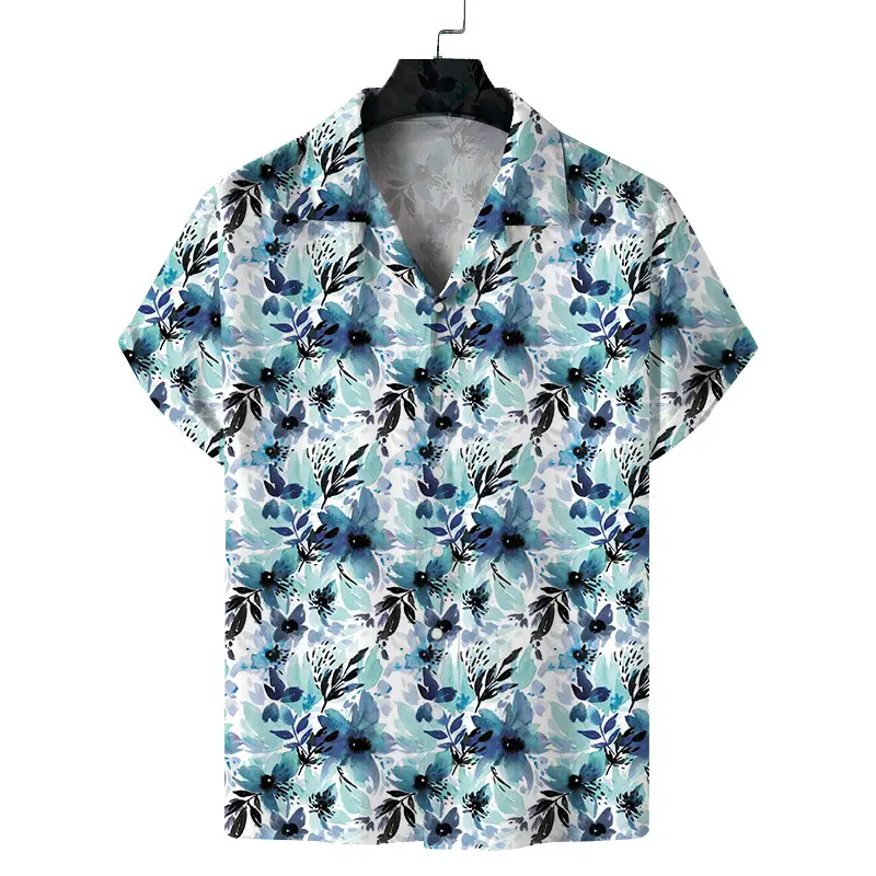 Men 3D Printed Blue Striped Short Sleeve Shirt - Image 4