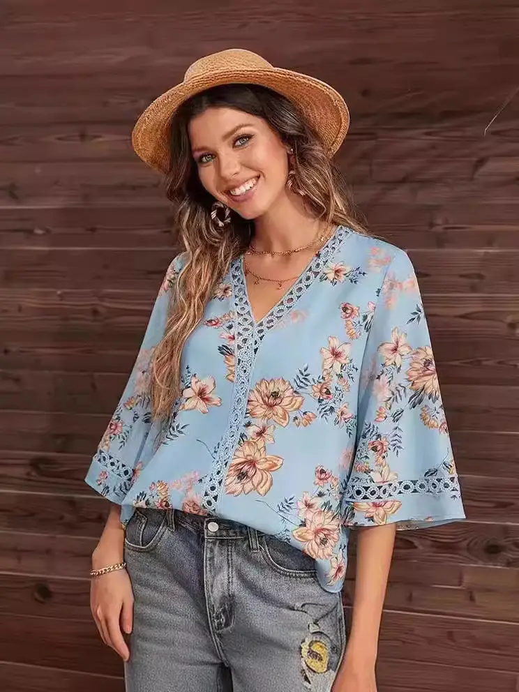 2025 Floral Bell Sleeve V Neck Chiffon Top - Image 8