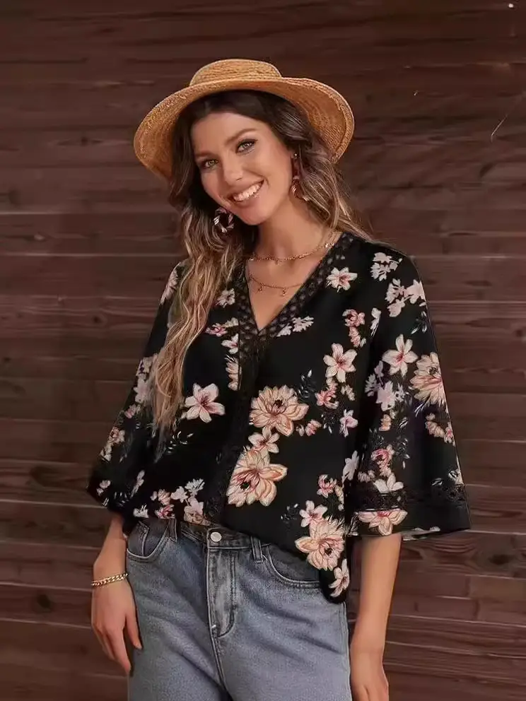 2025 Floral Bell Sleeve V Neck Chiffon Top - Image 9