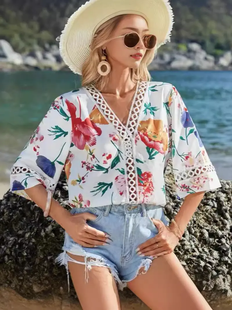2025 Floral Bell Sleeve V Neck Chiffon Top - Image 10