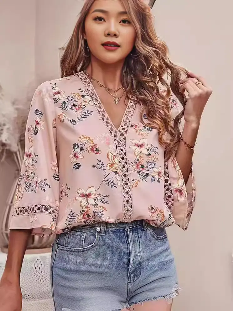 2025 Floral Bell Sleeve V Neck Chiffon Top - Image 11