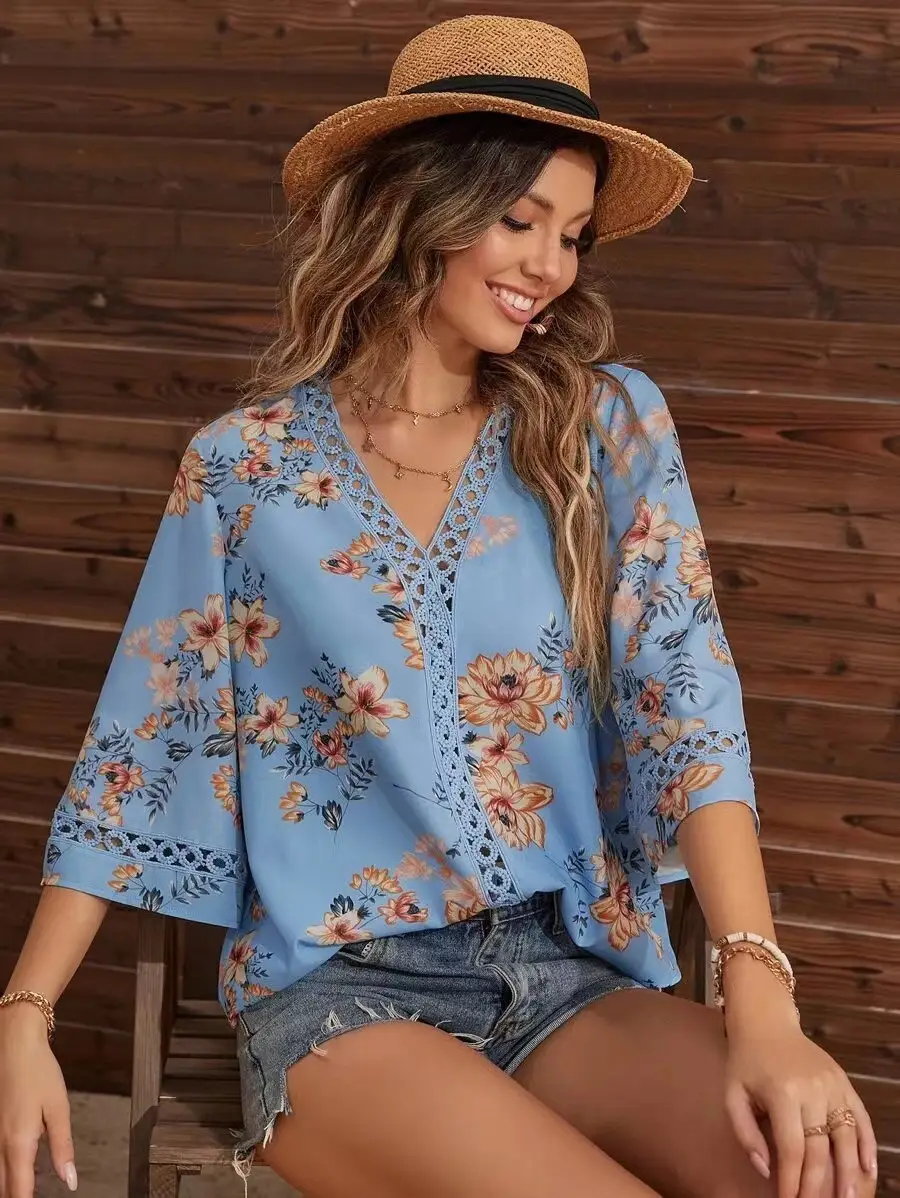 2025 Floral Bell Sleeve V Neck Chiffon Top — feature 10