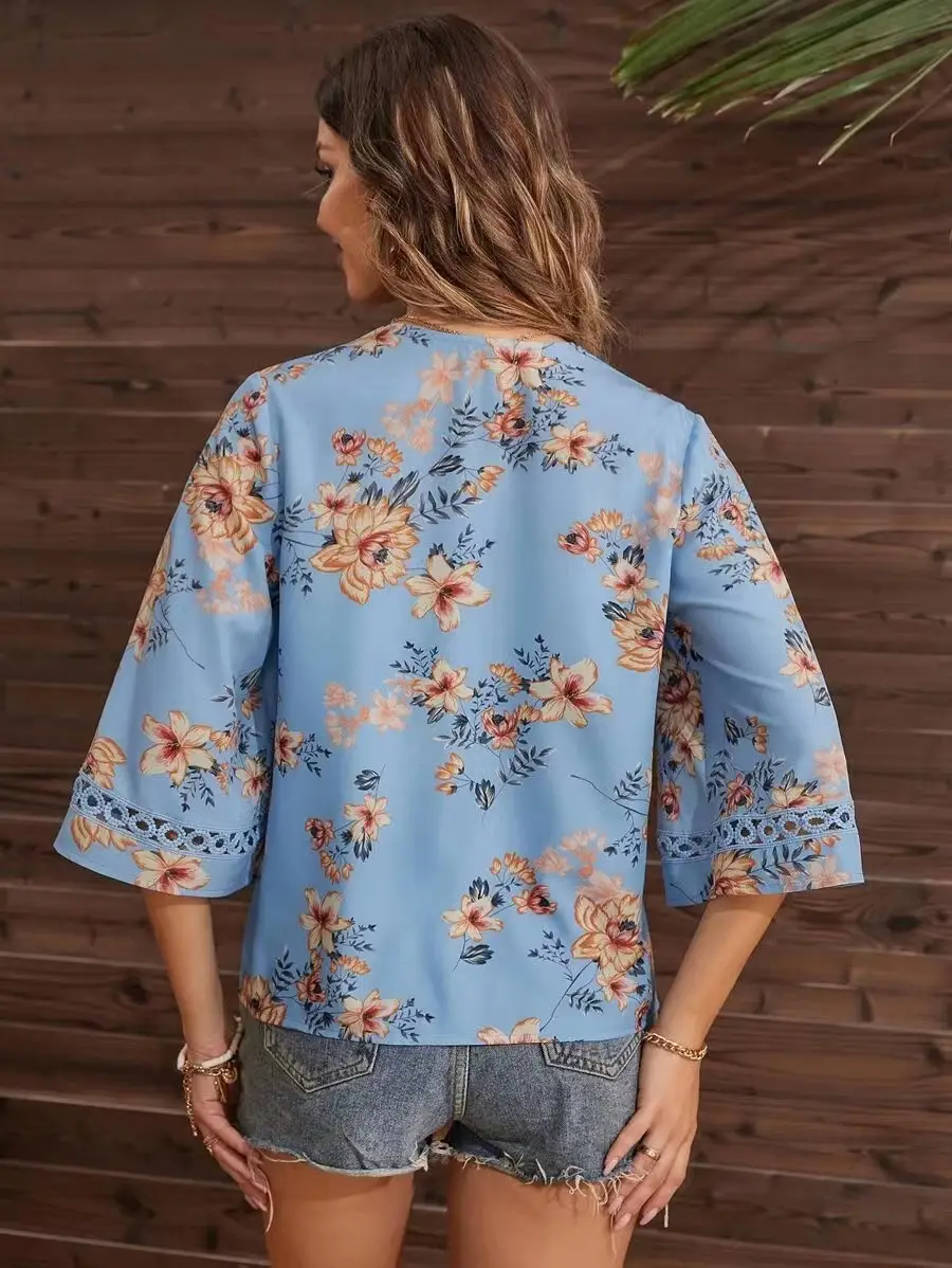 2025 Floral Bell Sleeve V Neck Chiffon Top — feature 11