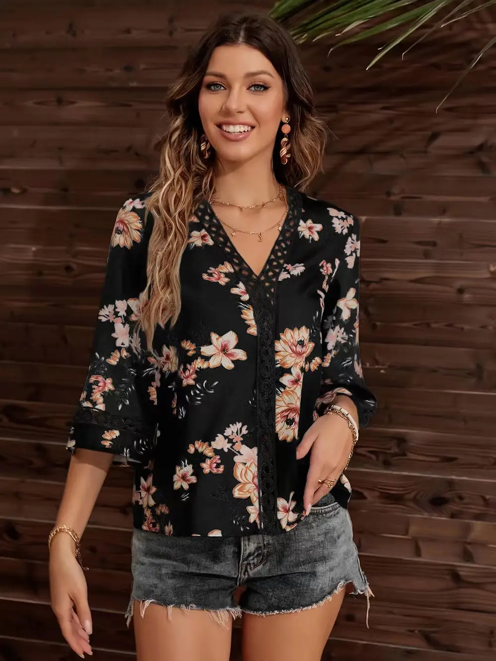 2025 Floral Bell Sleeve V Neck Chiffon Top — feature 12