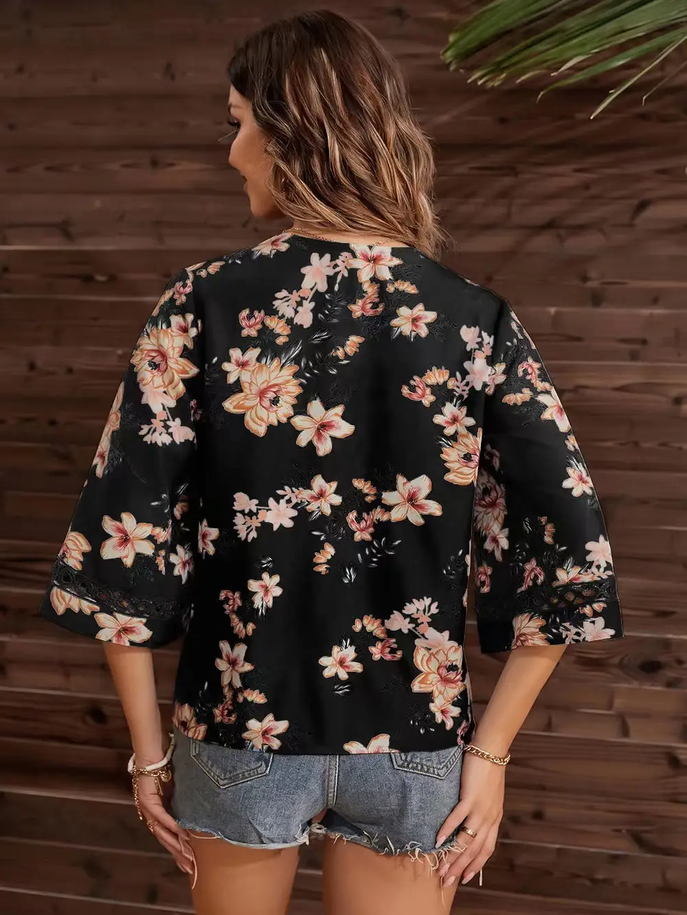 2025 Floral Bell Sleeve V Neck Chiffon Top — feature 13