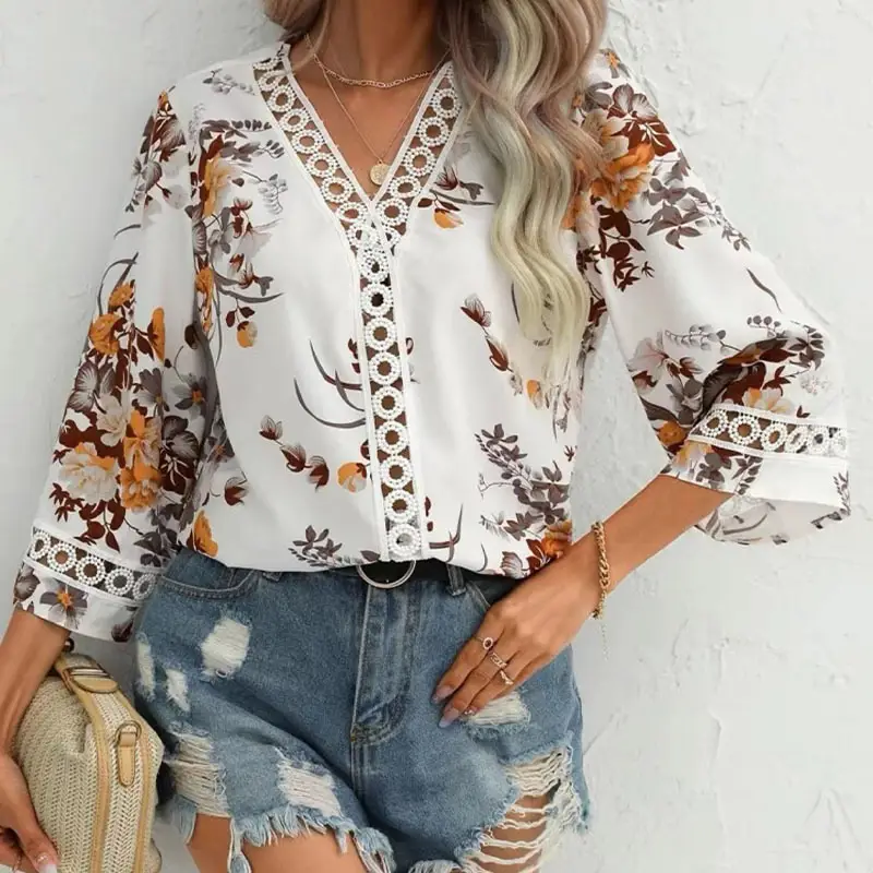 2025 Floral Bell Sleeve V Neck Chiffon Top — feature 15
