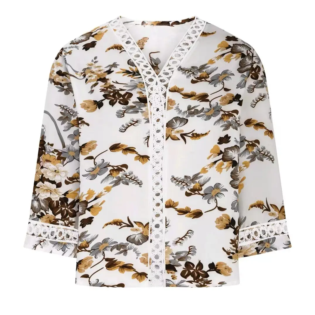 2025 Floral Bell Sleeve V Neck Chiffon Top — feature 17