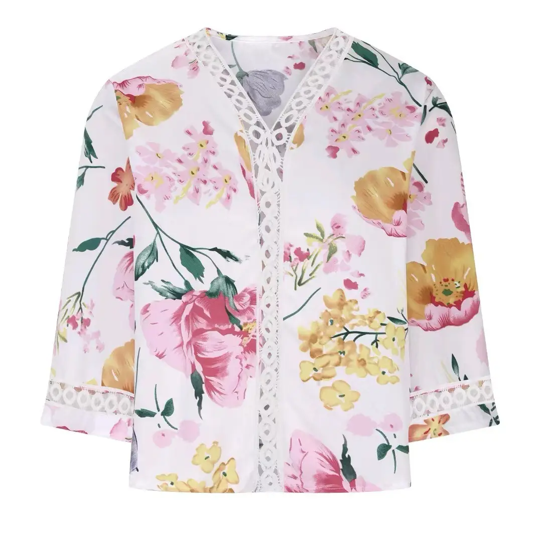 2025 Floral Bell Sleeve V Neck Chiffon Top — feature 22