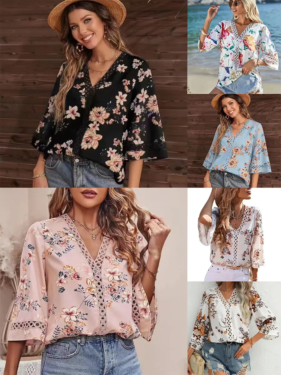 2025 Floral Bell Sleeve V Neck Chiffon Top — feature 5