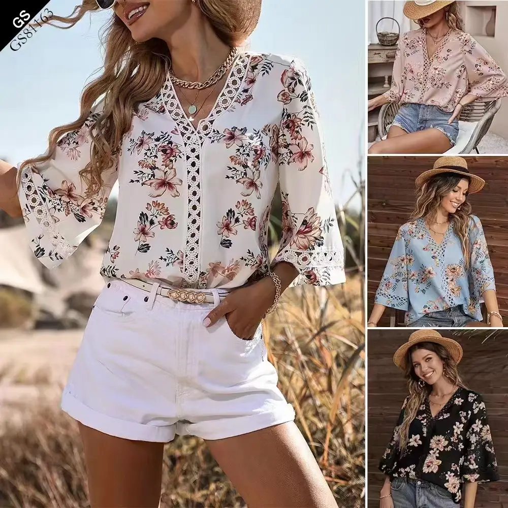 2025 Floral Bell Sleeve V Neck Chiffon Top — feature 6