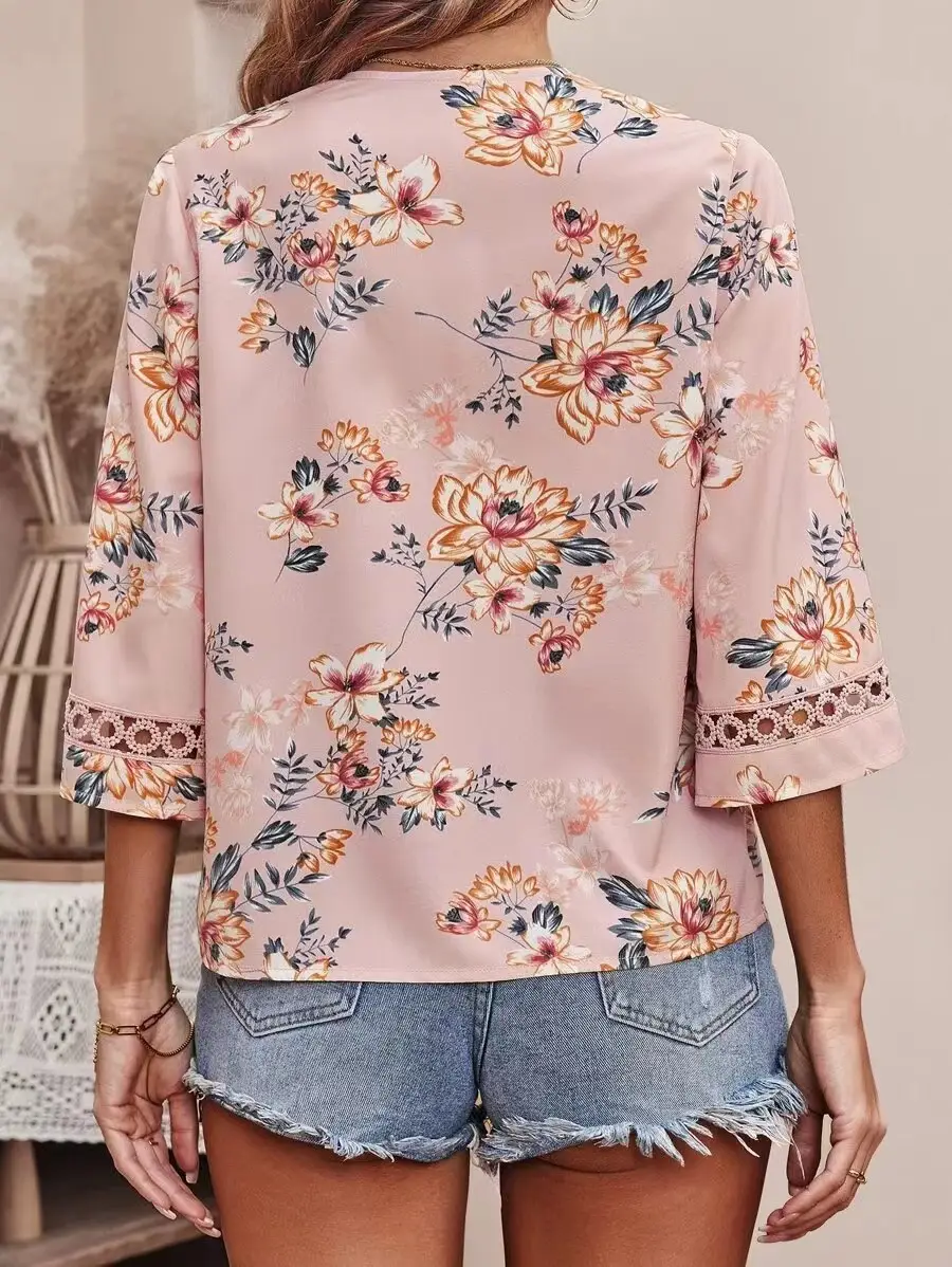 2025 Floral Bell Sleeve V Neck Chiffon Top — feature 8