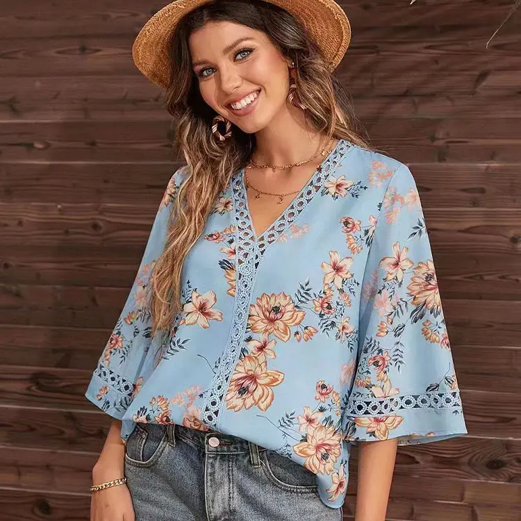 2025 Floral Bell Sleeve V Neck Chiffon Top — feature 9