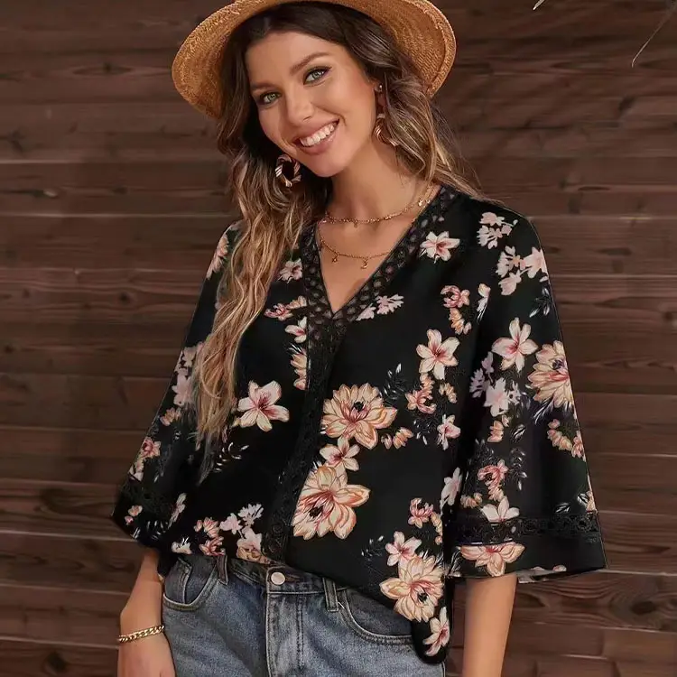 2025 Floral Bell Sleeve V Neck Chiffon Top - Image 2
