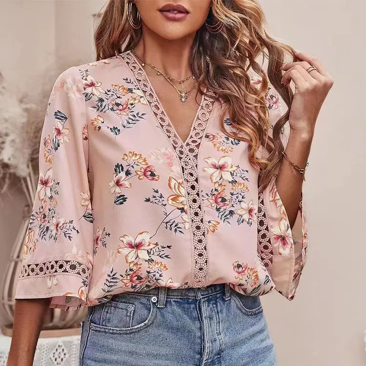 2025 Floral Bell Sleeve V Neck Chiffon Top - Image 3