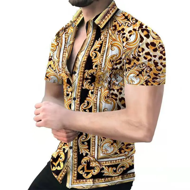 2023 Men's Printed Slim Fit Shirt Gold Black - Image 3