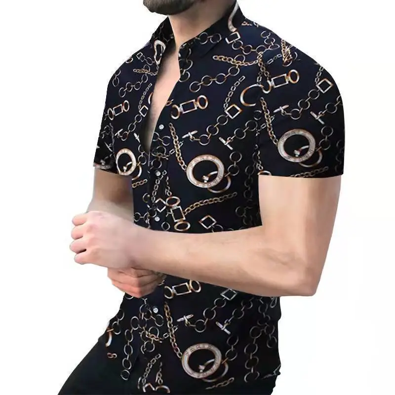 2023 Men's Printed Slim Fit Shirt Gold Black - Image 2