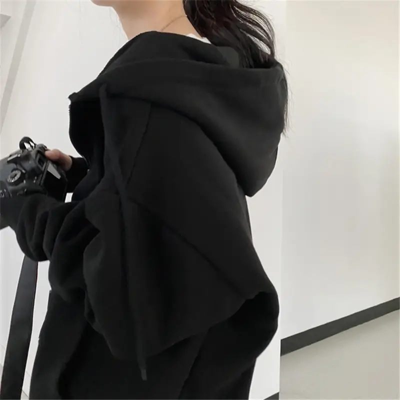 Black Fleece Hooded Sweatshirt Women Winter Coat - Image 7