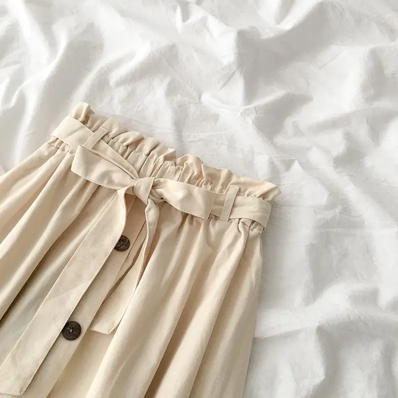 Summer High-Waist Skirt Beige A-Line Elastic Waist