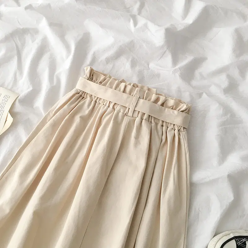 Summer High-Waist Skirt Beige A-Line Elastic Waist