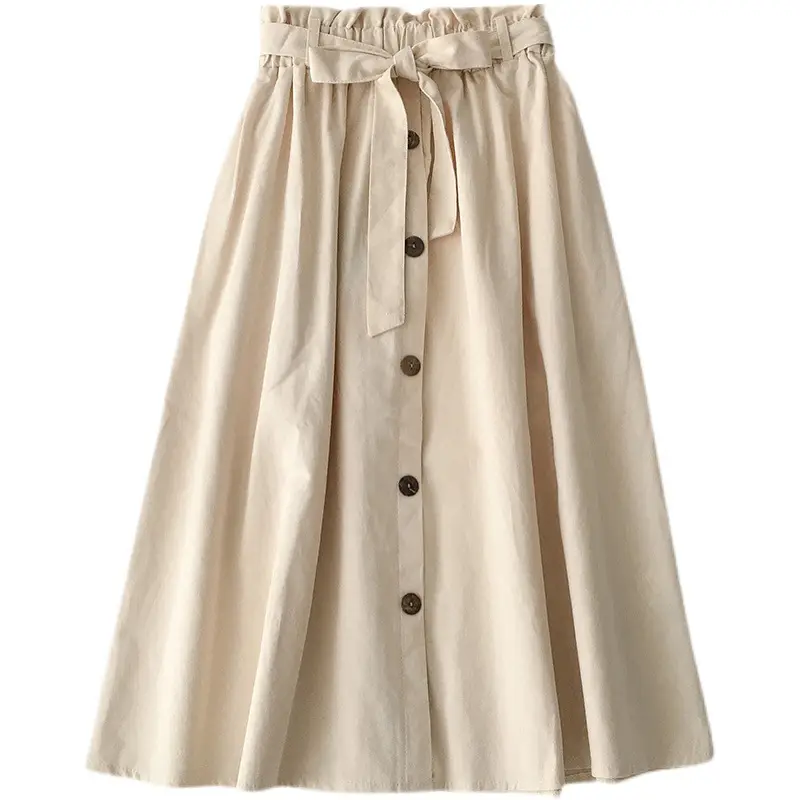 Summer High-Waist Skirt Beige A-Line Elastic Waist