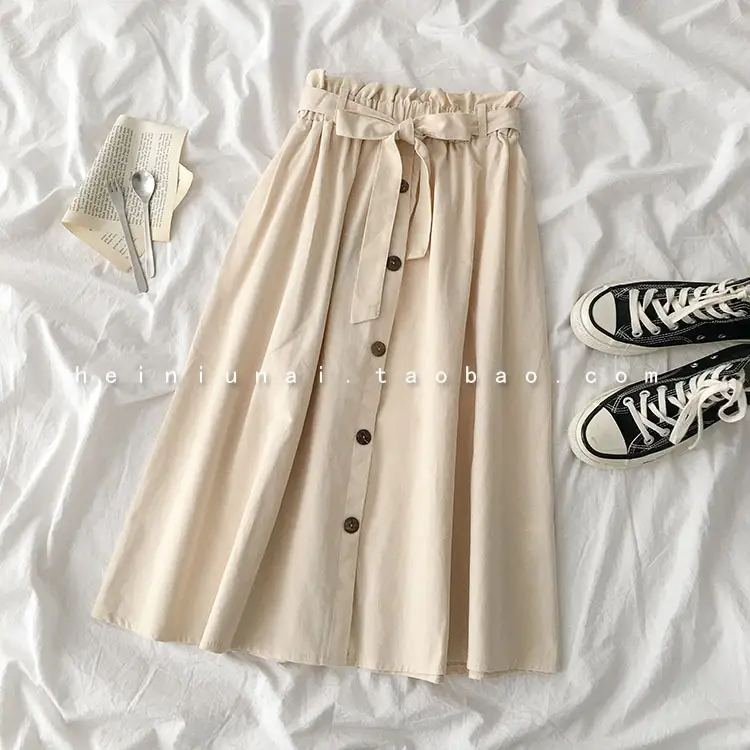 Summer High-Waist Skirt Beige A-Line Elastic Waist — feature 10