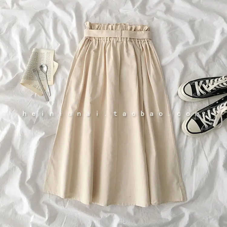 Summer High-Waist Skirt Beige A-Line Elastic Waist — feature 11