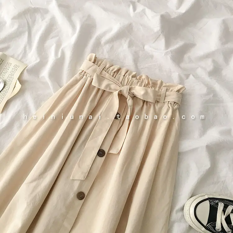 Summer High-Waist Skirt Beige A-Line Elastic Waist — feature 12