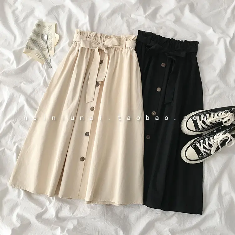 Summer High-Waist Skirt Beige A-Line Elastic Waist — feature 8