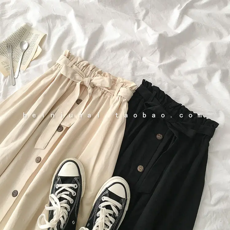 Summer High-Waist Skirt Beige A-Line Elastic Waist — feature 9