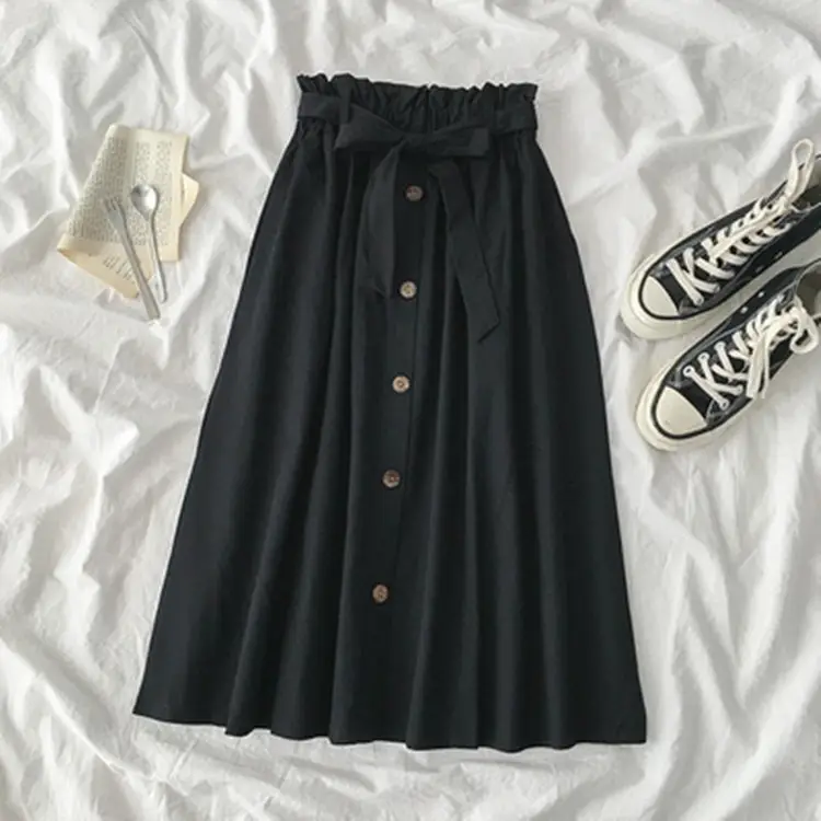 Summer High-Waist Skirt Beige A-Line Elastic Waist