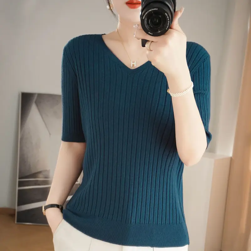 2024 Women's V Neck Knitted T-Shirt Pure Color - Image 21